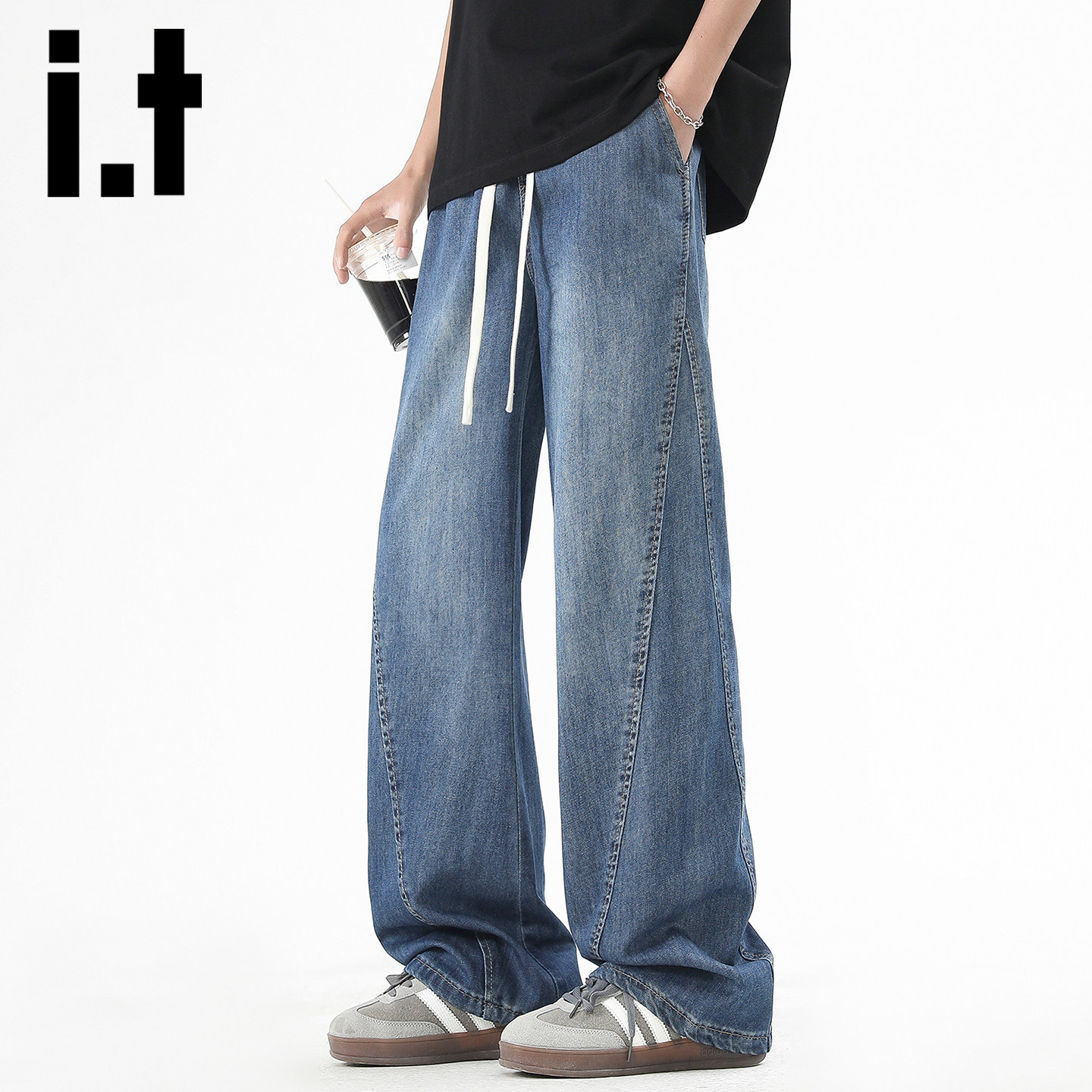 it izzue抽绳水洗牛仔裤男2026春秋美式风宽松直筒阔腿休闲长裤Y,淘宝优惠券,粉丝福利购,淘宝优惠卷