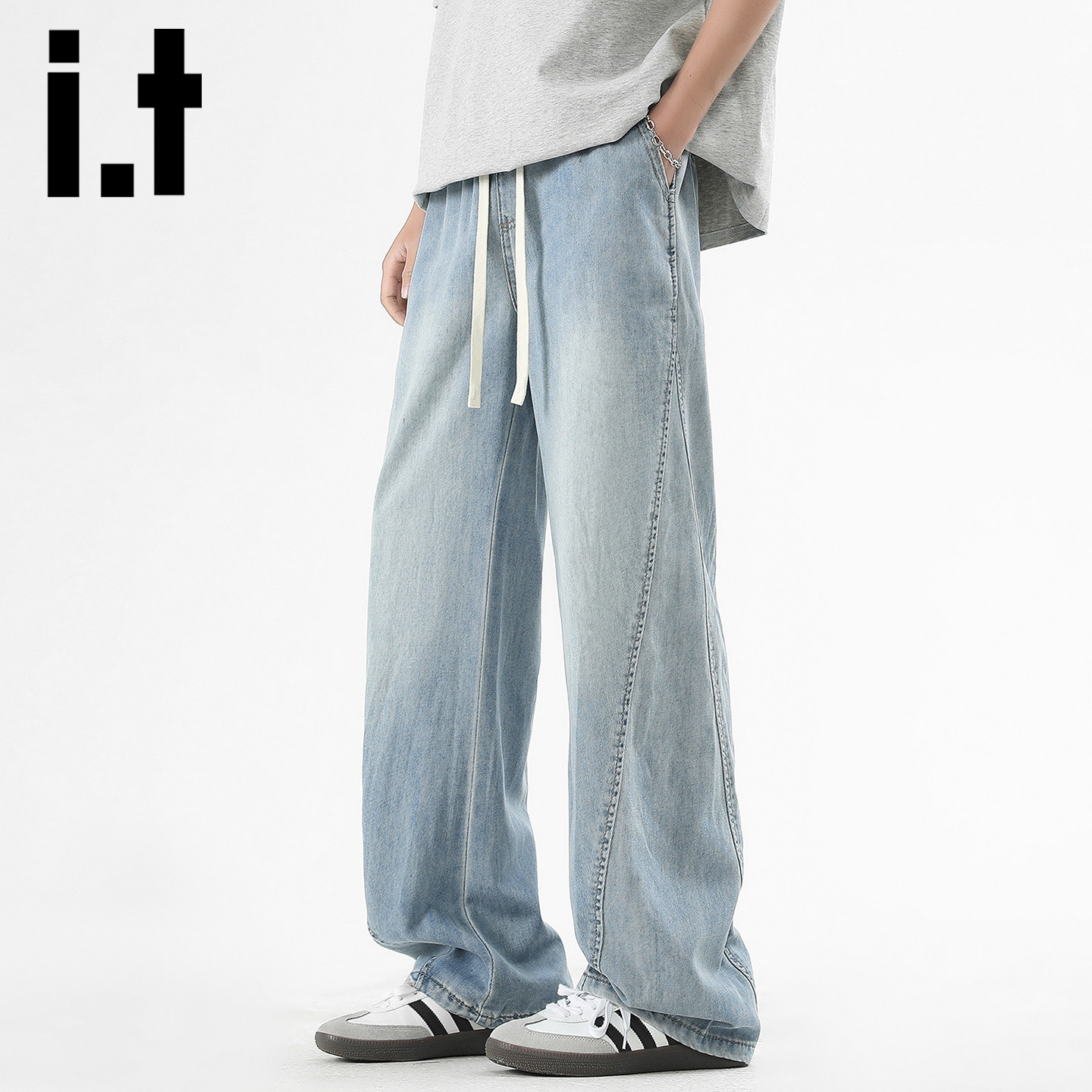 it izzue抽绳水洗牛仔裤男2026春秋美式风宽松直筒阔腿休闲长裤Y,淘宝优惠券,粉丝福利购,淘宝优惠卷