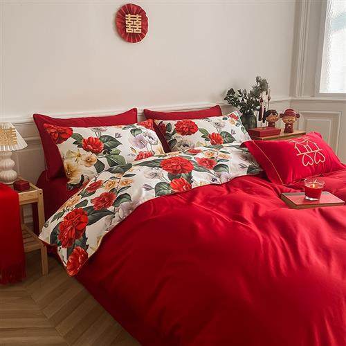 欧式婚庆四件组大红色床单被套奢华新婚全棉结婚床上用品,淘宝优惠券,粉丝福利购,淘宝优惠卷