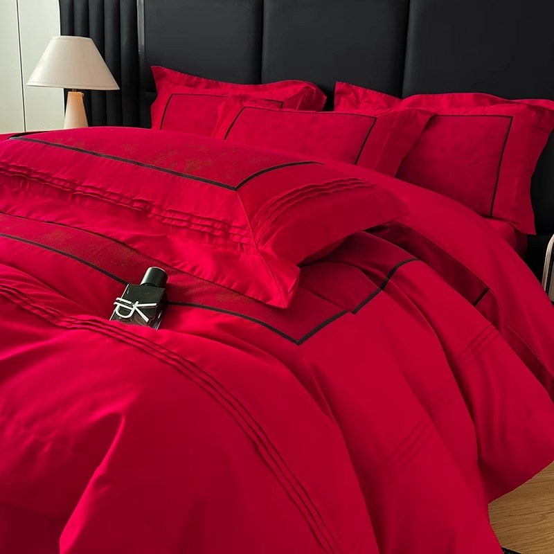 高档简约结婚四件套大红色新婚床单被套纯棉婚庆床上用品婚房喜被 - 图0