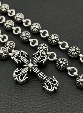 s925纯银克罗伈复古火焰十字架项链男一体链十字花球链吊坠毛衣链