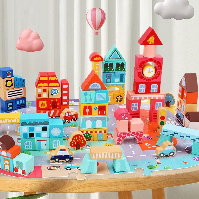 儿童益智木制88粒城市建设场景积木拼图底板大颗粒木头桶装积木,淘宝优惠券,粉丝福利购,淘宝优惠卷
