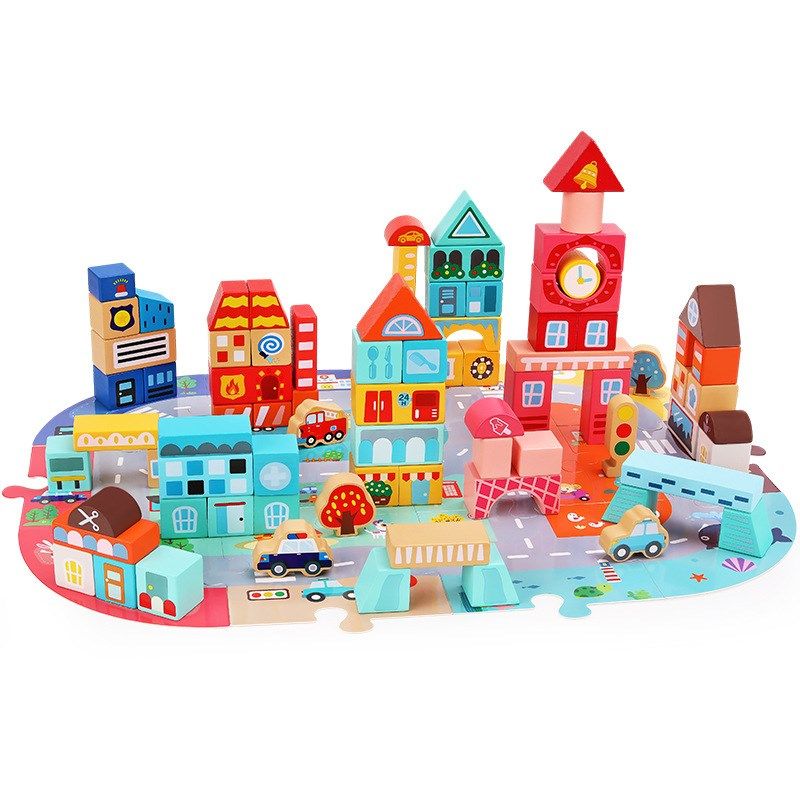 儿童益智木制88粒城市建设场景积木拼图底板大颗粒木头桶装积木,淘宝优惠券,粉丝福利购,淘宝优惠卷