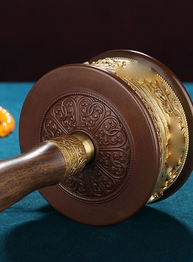 慧宝手摇转轮桌面静音顺滑黄铜转金桶六字观音檀木手柄装饰摆件