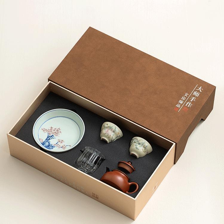 Purple Shark and Clay Pot Care | Double Cup Pear Skin Flat Bottom Set High-end Kung Fu Tea Set