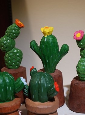 仙人掌手工木雕小摆件卡通迷你可爱植物仙人球盆栽办公桌面装饰品