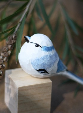 鹿妖商店 肥啾鸟木雕 生日礼物 灰蓝山雀手工实木摆件 青花小胖鸟