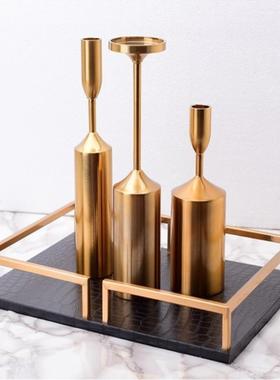 现代简约样板房餐桌陈列摆件工艺品金属皮革方形托盘客厅收纳装饰