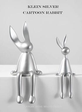 简约轻奢创意电镀银金蓝色坐姿动物兔子摆件树脂家居软装饰工艺品