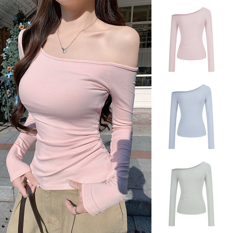 MosesQueen魔西女王纯欲斜肩长袖t恤女修身显瘦内搭打底露肩上衣