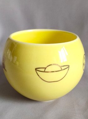 小号聚宝盆摆件陶瓷 黄色无盖小盆元宝铜钱图案装饰品招财工艺品