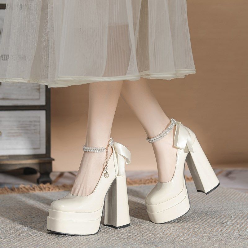 法式小个子15CM高跟鞋女粗跟春秋新款红色婚鞋新娘鞋漆皮方头单鞋,淘宝优惠券,粉丝福利购,淘宝优惠卷