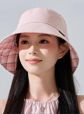 格子双面戴纯色渔夫帽休闲百搭