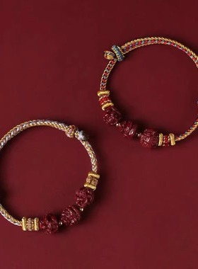 天然朱砂红绳手链属蛇虎猴护身符