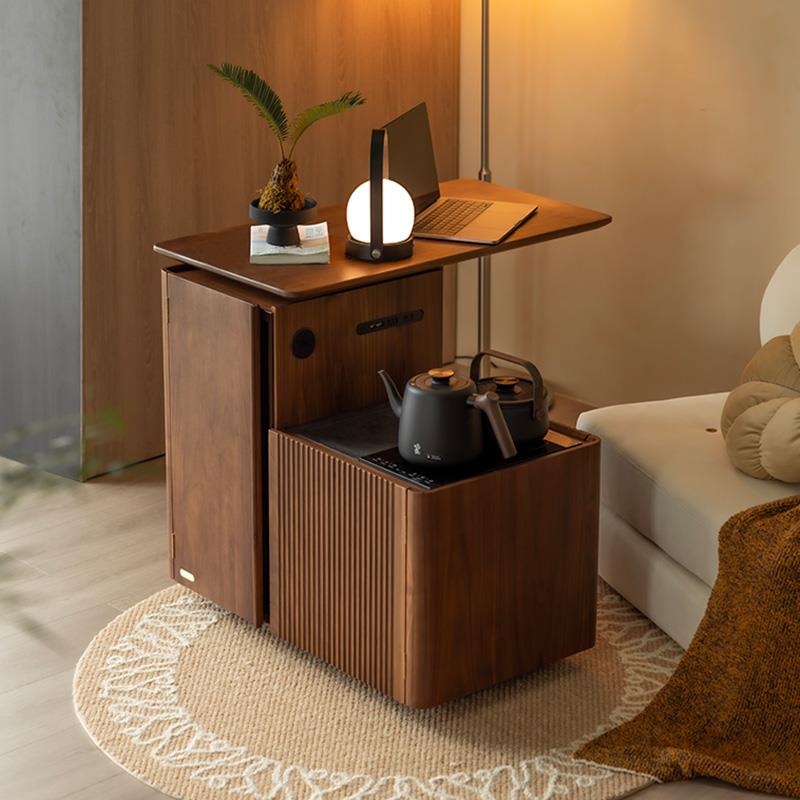 实木旋转茶车家用客厅沙发边柜茶几黑胡桃木茶水柜可移动茶台茶桌 - 图0