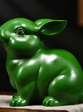 绿色木质兔子摆件实木一对十二生肖小兔纯木质玉兔家用客厅装饰品