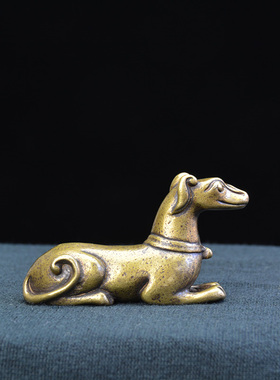 中式古典茶宠把玩件黄铜摆件旺财铜狗招财铜器书房镇纸实心铜铸