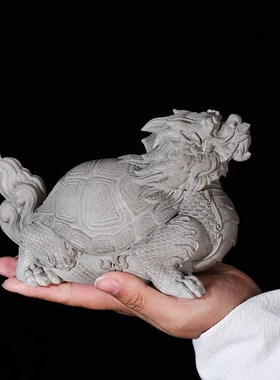 中式招财龙龟鱼缸造景装饰品创意青砂石书房桌面瑞兽玄武石雕摆件