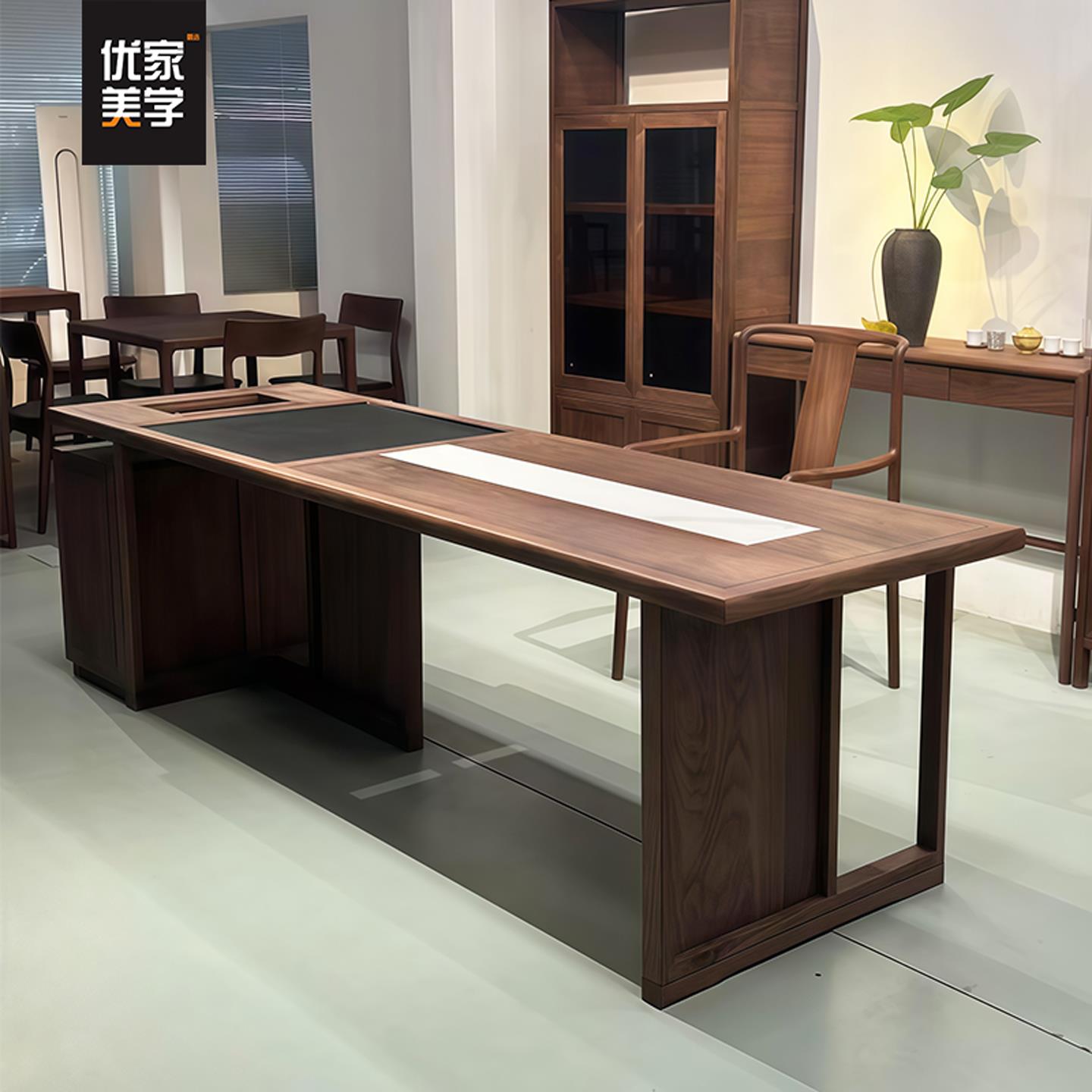 新中式茶桌椅组合北美黑胡桃木禅意实木泡茶桌客厅家用茶水茶台 - 图1