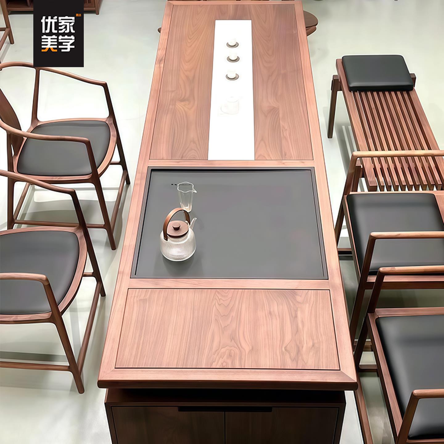 新中式茶桌椅组合北美黑胡桃木禅意实木泡茶桌客厅家用茶水茶台 - 图3