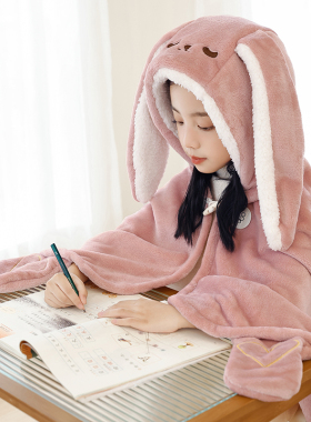 小学生午睡披肩毛毯可穿式斗篷午休毯子带纽N扣连帽趴睡盖毯教室
