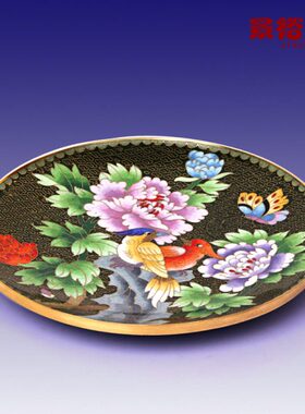 景泰蓝8英寸绿地牡丹花鸟圆盘花丝铜胎珐琅家居外事商务礼品摆件