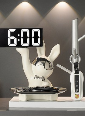 创意墨镜兔入户进门钥匙托盘收纳玄关桌面装饰电子时钟摆件高级感