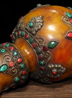 西藏老蜜蜡掐丝镶嵌宝石花瓶摆件家居装饰工艺品收藏摆设插花瓶