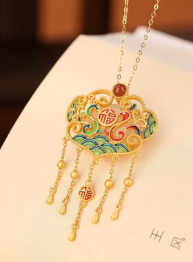 高级新中式福字感国潮如意金玉石祥古风挂坠鎏流苏吊坠个性复古云