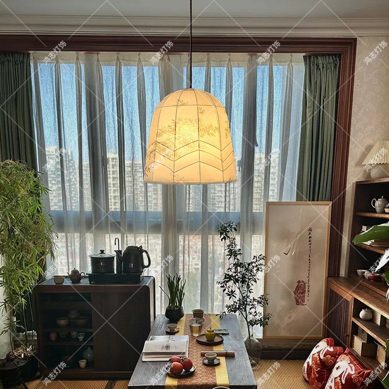 中古餐厅吊灯禅意复古茶室灯侘寂风竹子花纹客厅卧室布艺灯笼灯,淘宝优惠券,粉丝福利购,淘宝优惠卷
