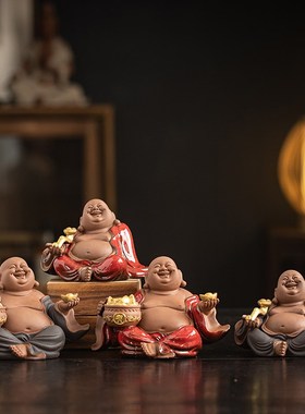 禅意紫砂招财弥勒佛摆件新中式家居茶室茶桌面大肚弥勒笑佛装饰品