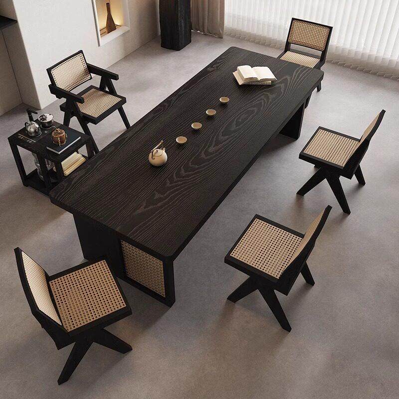 实木藤编茶台茶桌椅组合客厅碳黑大板茶几黑色侘寂风新中式泡茶台,淘宝优惠券,粉丝福利购,淘宝优惠卷