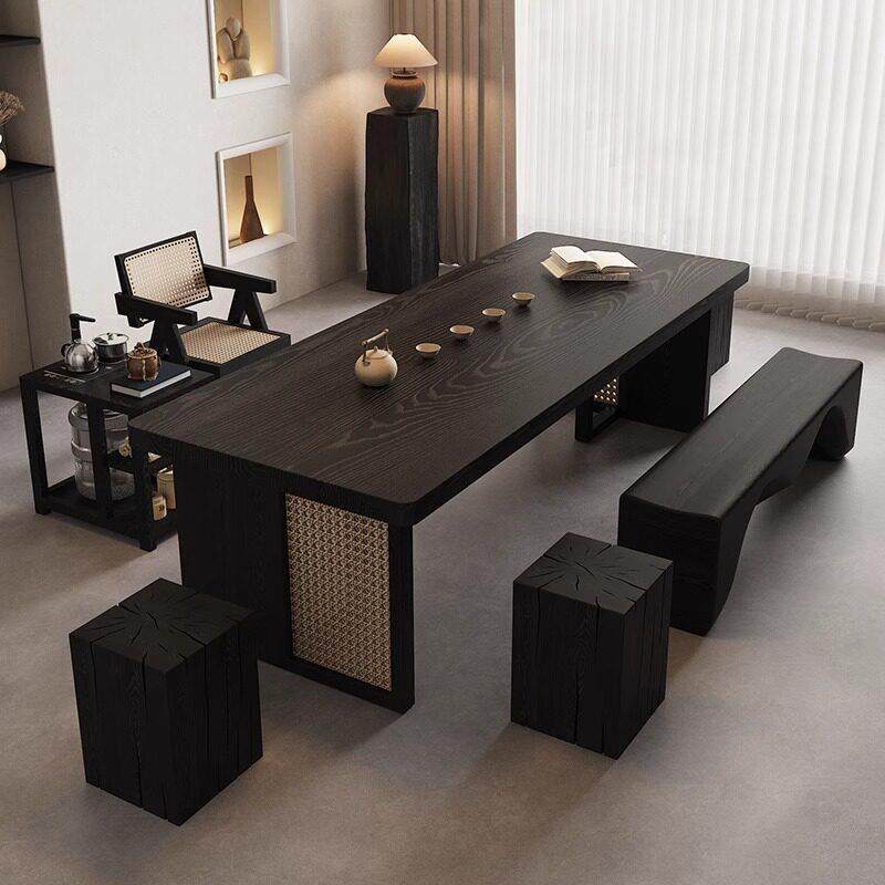 实木藤编茶台茶桌椅组合客厅碳黑大板茶几黑色侘寂风新中式泡茶台,淘宝优惠券,粉丝福利购,淘宝优惠卷