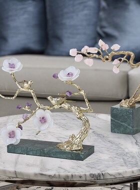 迎客松摆件天然水晶石花喜上枝头客厅玄关简约新居乔迁软装饰品