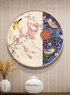新中式圆形玄关装饰画中国风走廊过道背景墙壁画餐厅茶室花鸟挂画