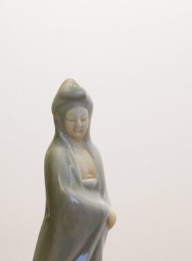 七八十年代国营汝瓷厂煤烧观音摆件青瓷家居饰品莲花老汝瓷