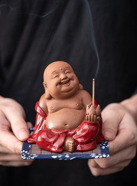 创意弥勒佛陶瓷招财o大肚笑佛小摆件家居玄关桌面装饰品茶道小摆