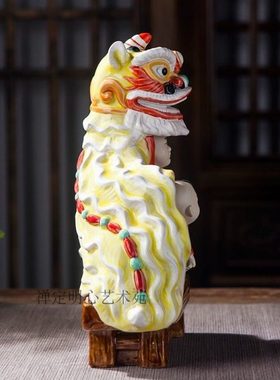 石湾陶瓷家居装饰品客厅摆件开业送礼岭南名俗醒狮舞狮文化 彩青