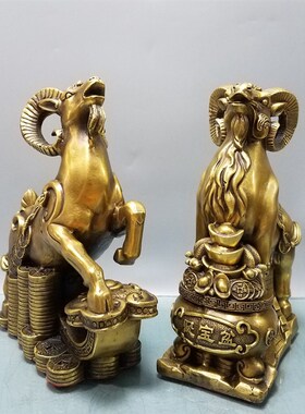 大号纯铜羊黄铜如意聚宝r盆一对羊工艺品招财客厅卧室摆件高25厘