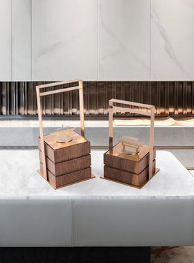 现代新中式胡桃j木提盒摆件样板间书房客厅玄关办公室酒店软装饰