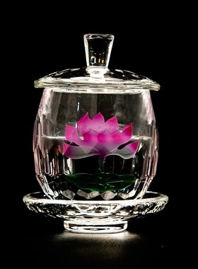 供佛水杯加厚大悲咒水o晶杯圣水杯雕刻心经荷花供杯财神观音净水