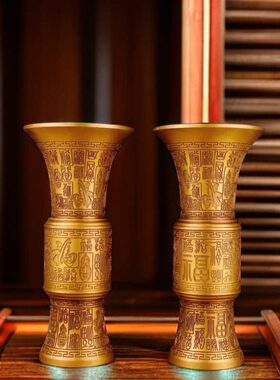 佛精雕铜筒一对堂黄铜一对工艺品家居百仿古纯铜摆件器福香花瓶