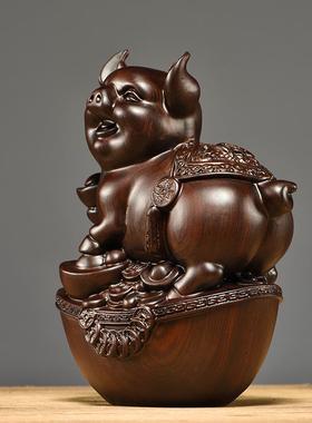 黑檀木雕猪摆件实木质十二生肖猪客厅家居电视柜动物装饰工艺品