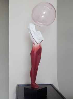 吹泡泡女孩红色渐变人物雕塑雕像客厅艺术摆件美容院医美软装饰大