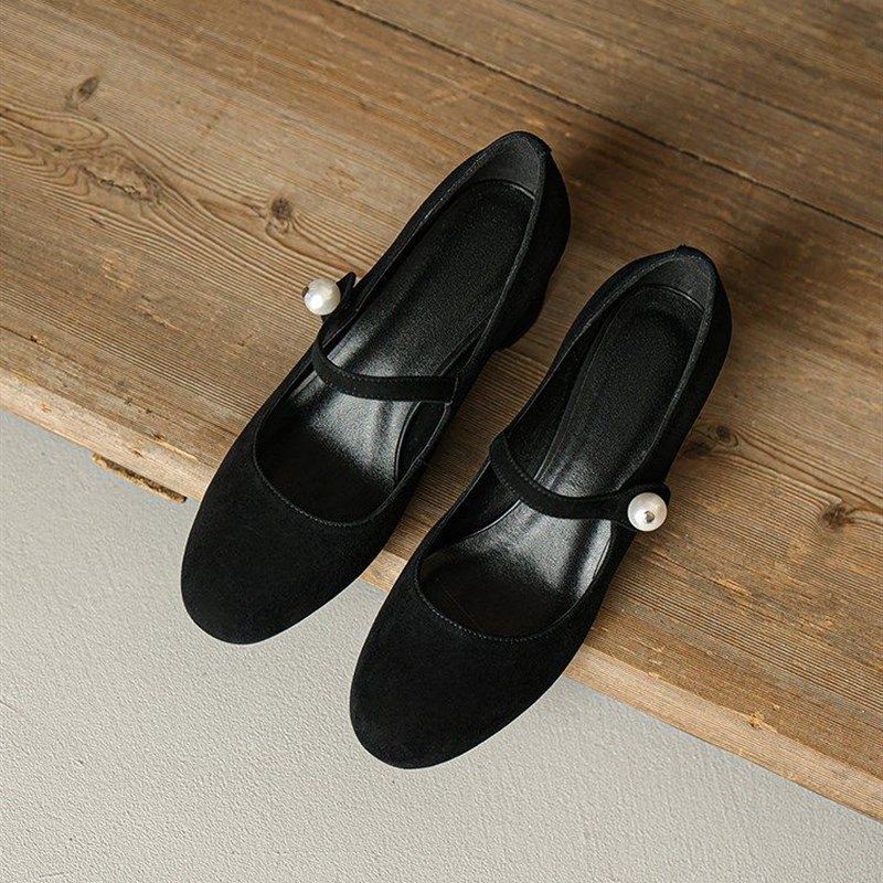 粗跟方头高跟鞋女黑色中跟5cm一字扣珍珠玛丽珍鞋浅口绒面单鞋潮,淘宝优惠券,粉丝福利购,淘宝优惠卷