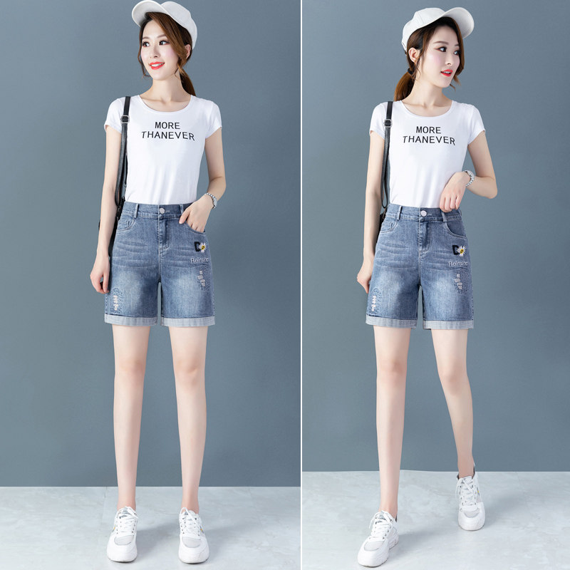 小皱菊牛仔2020年夏季新款直筒短裤 纤丝朵牛仔裤