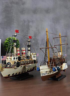 欧璟美 国巡洋舰铁皮轮船摆件 帆船航模型酒吧饭厅装饰工艺礼品摆