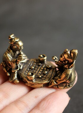复古实心纯黄铜办公桌面车载小摆件老人棋道随身工艺品手把玩件