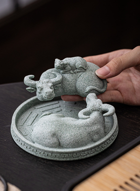 青砂石扭转乾牛茶宠双牛镇纸动物桌面装饰盆景鱼缸造景工艺品摆件