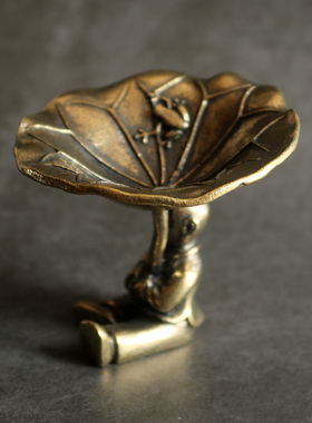 复古实心纯黄铜办公桌面车载小摆件荷叶香托茶宠工艺礼品摆饰手把